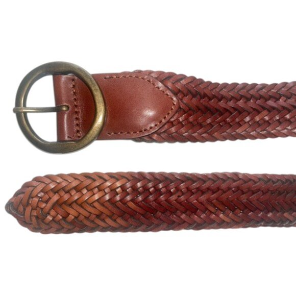 Massimo Dutti Vintage Wide Leather Brown Braided Belt with Gold Round Buckle - Picture 1 of 5